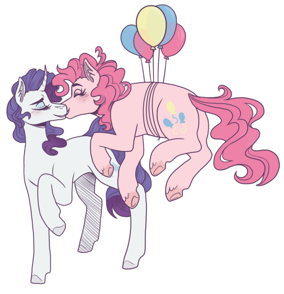 Size: 2800x2900 | Tagged: safe, artist:kikirdcz, derpibooru import, pinkie pie, rarity, earth pony, pony, unicorn, balloon, blushing, commission, curved horn, eyes closed, eyeshadow, female, floating, high res, horn, image, kissing, lesbian, makeup, mare, png, raised hoof, raised leg, raripie, shipping, simple background, transparent background