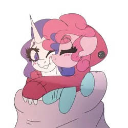 Size: 768x768 | Tagged: safe, artist:moodi, derpibooru import, pinkie pie, rarity, earth pony, pony, unicorn, blushing, clothes, cuddling, cute, diapinkes, female, heart eyes, hoodie, image, kiss on the cheek, kissing, lesbian, mare, png, raribetes, raripie, shipping, simple background, transparent background, wingding eyes