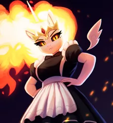 Size: 1500x1640 | Tagged: safe, artist:mrscroup, derpibooru import, edit, daybreaker, princess celestia, alicorn, anthro, breasts, clothes, female, floating wings, horn, image, looking at you, maid, mane of fire, png, sfw edit, simple background, solo, solo female, unamused, wings