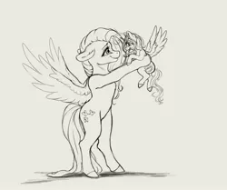 Size: 3456x2896 | Tagged: safe, artist:miokomata, derpibooru import, fluttershy, oc, oc:dazzling talents, alicorn, pegasus, pony, bipedal, duo, female, fluttermom, freckles, freckleshy, gradient background, grayscale, holding a pony, image, jpeg, mare, micro, monochrome