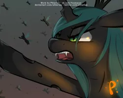 Size: 2500x2000 | Tagged: safe, artist:phlerius, queen chrysalis, changeling, changeling queen, a canterlot wedding, background changeling, digital art, fangs, female, flying, frown, glare, gray background, image, night, open mouth, png, pointing, simple background, solo focus, spread wings, underhoof, watermark, wings