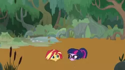 Size: 2264x1274 | Tagged: safe, derpibooru import, sci-twi, sunset shimmer, twilight sparkle, driving miss shimmer, equestria girls, equestria girls series, growing up is hard to do, text support, choose your own ending (season 1), female, forest, glasses, happy, image, lesbian, mud edit, png, quicksand, scitwishimmer, shipping, smiling, smugset shimmer, stuck, sunsetsparkle, tree