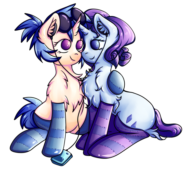 Size: 3778x3435 | Tagged: safe, artist:coco-drillo, derpibooru import, rarity, vinyl scratch, pony, unicorn, alternate hairstyle, chest fluff, clothes, couple, ear fluff, female, headphones, hug, image, kneesocks, lesbian, listening to music, pigtails, png, rariscratch, shipping, simple background, sitting, socks, striped socks, sunglasses, thigh highs, transparent background