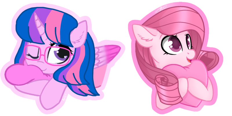 Size: 2212x1110 | Tagged: safe, artist:muhammad yunus, artist:徐詩珮, derpibooru import, oc, oc:annisa trihapsari, oc:hsu amity, alicorn, earth pony, pony, alicorn oc, base used, cute, earth pony oc, female, glasses, heart, horn, image, looking at you, mare, ocbetes, one eye closed, open mouth, png, simple background, sticker, transparent background, wings