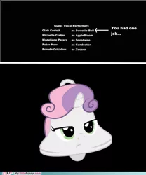 Size: 500x600 | Tagged: safe, derpibooru import, edit, edited screencap, screencap, sweetie belle, bell, credits, end credits, image, inanimate tf, misspelling, my little brony, name pun, png, pun, solo, sweetie bell, sweetie belle is not amused, transformation, unamused, visual pun, you had one job