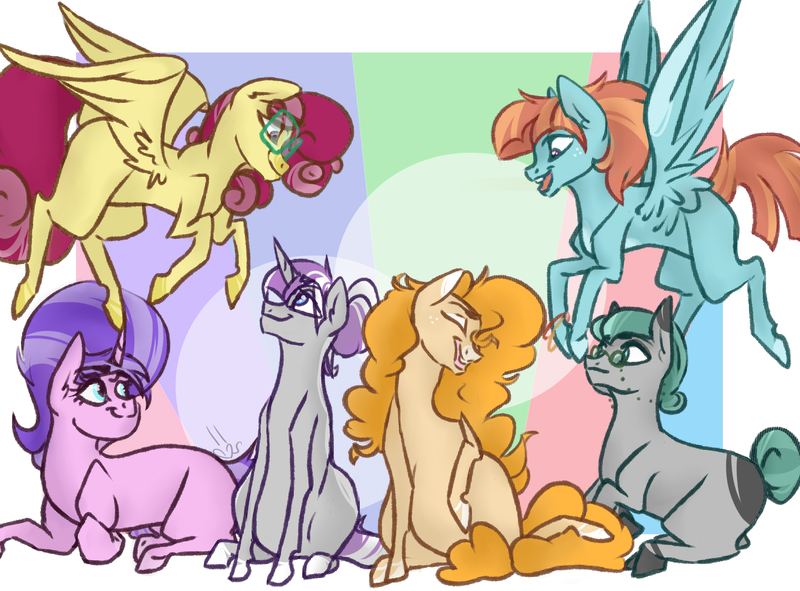 Size: 2241x1656 | Tagged: safe, artist:sallybatbridge, derpibooru import, cloudy quartz, cookie crumbles, pear butter, posey shy, twilight velvet, windy whistles, earth pony, pegasus, pony, unicorn, female, flying, glasses, group, image, jpeg, mare, missing cutie mark, mom six, mother's day, sitting