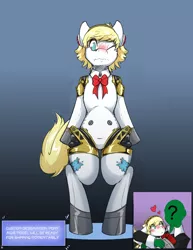 Size: 1000x1294 | Tagged: suggestive, artist:helixjack, edit, editor:unofficial edits thread, oc, oc:anon, ponified, pony, robot, semi-anthro, /mlp/, aigis, bipedal, blushing, ears, female, floppy ears, gradient background, heart, image, mare, one eye closed, persona, persona 3, png