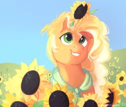 Size: 903x768 | Tagged: safe, artist:pigeorgien, derpibooru import, oc, unofficial characters only, earth pony, pony, female, field, flower, image, mare, neckerchief, not applejack, png, smiling, solo, sunflower, sweet dreams fuel