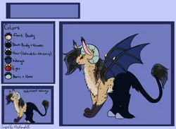 Size: 2053x1500 | Tagged: safe, artist:misskanabelle, derpibooru import, oc, unofficial characters only, draconequus, abstract background, draconequus oc, duo, horns, image, male, png, reference sheet, signature, wings