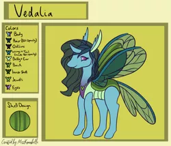 Size: 1750x1500 | Tagged: safe, artist:misskanabelle, derpibooru import, oc, unofficial characters only, changedling, changeling, abstract background, changedling oc, changeling oc, female, horn, image, png, reference sheet, signature, smiling, solo, story included, wings