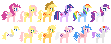 Size: 111x44 | Tagged: safe, artist:needsmoarg4, derpibooru import, applejack, applejack (g1), firefly, fluttershy, pinkie pie, posey, rainbow dash, rarity, sparkler (g1), surprise, twilight sparkle, earth pony, pegasus, pony, unicorn, applejack's hat, cowboy hat, cute, female, g1, hat, image, mane six, mare, png, true res pixel art