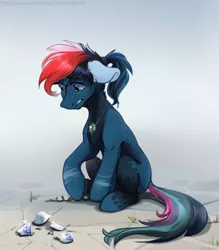 Size: 2624x3000 | Tagged: safe, artist:mithriss, derpibooru import, oc, unofficial characters only, earth pony, pony, broken, cup, earth pony oc, floppy ears, high res, image, jpeg, solo