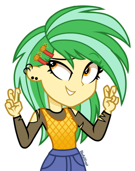 Size: 1448x1830 | Tagged: safe, artist:skyfallfrost, derpibooru import, oc, oc:pineapple, equestria girls, air quotes, clothes, female, image, pants, png, shirt, simple background, solo, transparent background
