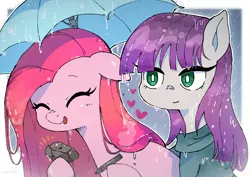 Size: 1683x1190 | Tagged: safe, artist:nendo, derpibooru import, boulder (pet), maud pie, pinkie pie, earth pony, pony, floating heart, floppy ears, heart, image, open mouth, png, rain, umbrella, wet, wet mane