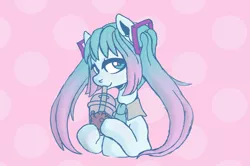 Size: 4977x3308 | Tagged: safe, artist:pidffee, derpibooru import, kotobukiya, ponified, earth pony, pony, absurd resolution, anime, blue, blue eyes, boba tea, bubble tea, crossover, drink, drinking, drinking straw, female, hatsune miku, holding, image, kotobukiya hatsune miku pony, looking at you, mare, multicolored hair, multicolored mane, necktie, pigtails, pink, pink background, png, simple background, solo, vocaloid