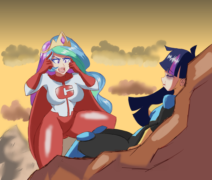 Size: 2000x1700 | Tagged: safe, artist:imsomethingradical, derpibooru import, princess celestia, twilight sparkle, human, beaten up, breasts, busty princess celestia, crossover, duo, duo female, female, humanized, image, invincible, meme, omni-man, png, superhero costume, think mark