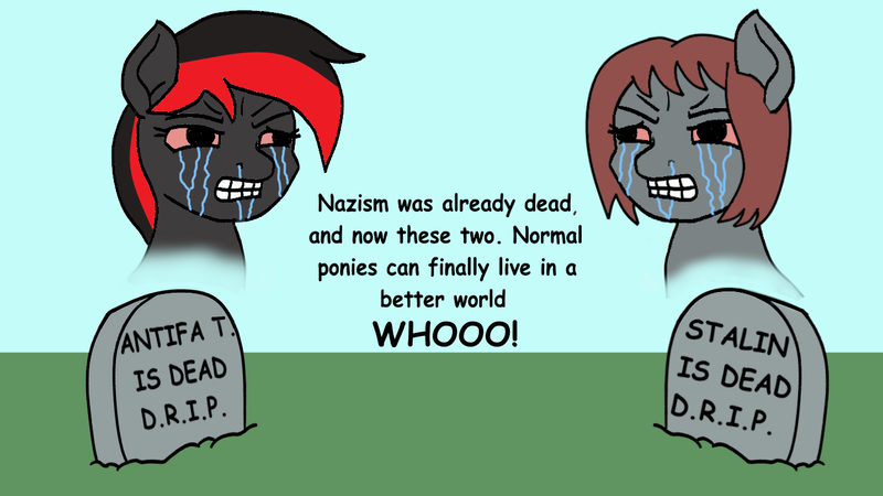 Size: 1280x720 | Tagged: artist needed, safe, derpibooru import, edit, oc, oc:comrade valentina, oc:veronika, earth pony, ghost, pony, undead, anarchism, antifa, communism, crying, dead, female, females only, grass, gravestone, image, mare, op is a duck, op is trying to start shit, png, politics, red eyes, soviet union, tears of anger, text