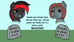 Size: 1280x720 | Tagged: artist needed, safe, derpibooru import, edit, oc, oc:comrade valentina, oc:veronika, earth pony, ghost, pony, undead, anarchism, antifa, communism, crying, dead, female, females only, grass, gravestone, image, mare, op is a duck, op is trying to start shit, png, politics, red eyes, soviet union, tears of anger, text