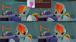 Size: 3840x2160 | Tagged: safe, artist:sexy rd, derpibooru import, rainbow dash, pegasus, pony, series:ask sexy rainbow dash, 3d, alternate universe, ask, blushing, butt, comic, female, high res, image, large butt, lipstick, mare, plot, png, rainbow dash's bedroom, rainbow dash's house, rainbutt dash, revamped ponies, room, solo, source filmmaker, wet, wet mane