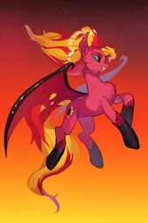 Size: 2333x3500 | Tagged: safe, artist:ikirunosindo, derpibooru import, sunset shimmer, ponified, pegasus, pony, big tail, black sclera, chest fluff, demon wings, equestria girls ponified, fangs, female, flying, glossy, glowing eyes, gradient background, high res, hoof shoes, image, jpeg, looking at you, mare, midair, nightmare sunset, race swap, raised hoof, smiling, solo, stars, sunset satan, tattered, tattered wings, torn ear, wind, windswept mane, wings