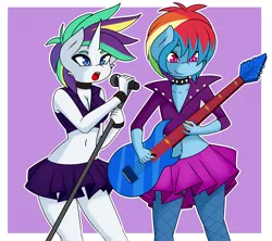 Size: 4500x4000 | Tagged: safe, artist:caoscore, derpibooru import, rainbow dash, rarity, anthro, alternate hairstyle, clothes, guitar, horn, image, jacket, leather jacket, microphone, musical instrument, png, punk, rainbow punk, raripunk, skirt