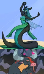 Size: 1280x2145 | Tagged: suggestive, artist:graytr, derpibooru import, edit, screencap, queen chrysalis, anthro, lamia, ophiotaurus, original species, frenemies (episode), armpits, aroused, belly dancer, breasts, chrysalamia, cleavage, crack shipping, female, forked tongue, heart, heart eyes, image, in love, male, midriff, png, queen chryscales, shipping, snow, tongue out, wingding eyes