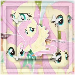 Size: 2560x2560 | Tagged: safe, derpibooru import, edit, edited screencap, screencap, fluttershy, butterfly, insect, pegasus, pony, collage, cute, happy, image, jpeg, pink, sparkles, wings