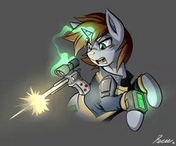 Size: 2300x1900 | Tagged: safe, artist:whitepone, derpibooru import, oc, oc:littlepip, unofficial characters only, pony, unicorn, fallout equestria, fanfic, clothes, fanfic art, female, glowing horn, gun, handgun, horn, image, jpeg, little macintosh, magic, mare, pipbuck, revolver, shooting, simple background, solo, telekinesis, vault suit, weapon