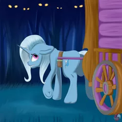 Size: 1280x1280 | Tagged: safe, artist:joaothejohn, derpibooru import, trixie, pony, unicorn, carriage, eye, eyes, floppy ears, image, jpeg, looking back, night, trixie's wagon, underhoof