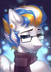 Size: 2480x3507 | Tagged: safe, artist:fenwaru, derpibooru import, oc, unofficial characters only, pegasus, pony, aperture science, clothes, ear piercing, earring, glasses, heterochromia, image, jewelry, jpeg, piercing, portal (valve), scarf, smiling, solo