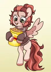 Size: 1354x1926 | Tagged: safe, artist:futoomoidasena1, derpibooru import, pegasus, pony, chips, clothes, flying, food, happy, hoodie, image, jpeg, open mouth, potato chips, smiling, solo, spread wings, wings