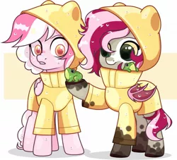 Size: 1469x1335 | Tagged: safe, artist:futoomoidasena1, derpibooru import, oc, unofficial characters only, bat pony, frog, pegasus, pony, image, jpeg, mud, muddy, raincoat, wet