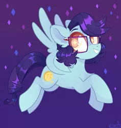 Size: 1945x2048 | Tagged: safe, artist:n in a, derpibooru import, oc, unofficial characters only, pegasus, pony, flying, glasses, grin, image, jpeg, looking at you, smiling, solo, spread wings, wings