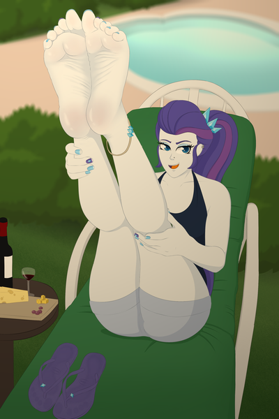 Size: 2200x3300 | Tagged: suggestive, artist:a_friendly_guest, derpibooru import, rarity, equestria girls, alcohol, alternate hairstyle, anklet, blurry background, cheese, diamond, feet, fetish, flip flops, flip-flops, food, foot fetish, grapes, image, jewelry, nail polish, nails, nose piercing, piercing, png, soles, toenail polish, toenails, wine