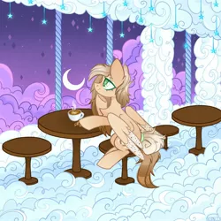 Size: 2048x2048 | Tagged: safe, artist:n in a, derpibooru import, oc, unofficial characters only, pegasus, pony, cloud, coffee, cookie, crescent moon, food, image, jpeg, moon, smiling, solo, stool, table