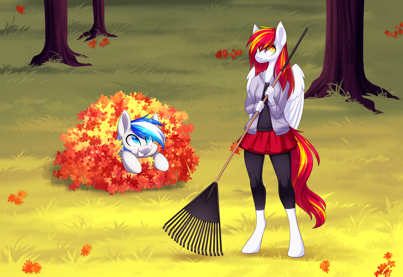 Size: 5306x3651 | Tagged: safe, artist:scarlet-spectrum, derpibooru import, oc, oc:diamond sun, oc:hawker hurricane, anthro, pegasus, pony, unguligrade anthro, series:pet hawk, anthro with ponies, autumn, colt, commission, eyeroll, female, hawkmond, image, leaves, male, mare, png, rake, smiling