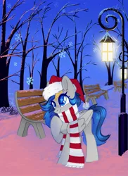 Size: 1491x2048 | Tagged: safe, artist:n in a, derpibooru import, oc, unofficial characters only, pegasus, pony, bench, christmas, clothes, hat, holiday, image, jpeg, lamp, santa hat, scarf, smiling, snow, snowflake, solo, winter