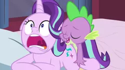 Size: 1920x1080 | Tagged: suggestive, edit, edited screencap, screencap, spike, starlight glimmer, dragon, pony, unicorn, over a barrel, bed, blanket, duo, female, from behind, image, male, open mouth, pillow, png, shipping, sparlight, straight, uvula