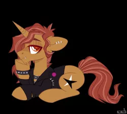 Size: 2048x1847 | Tagged: safe, artist:n in a, derpibooru import, oc, unofficial characters only, pony, unicorn, bracelet, clothes, ear piercing, earring, eyes back, frown, image, jacket, jewelry, jpeg, lidded eyes, looking at you, lying down, piercing, prone, solo, spiked wristband, wristband