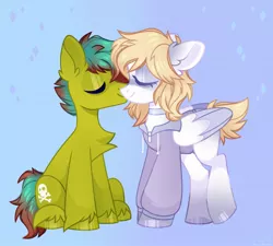 Size: 2048x1840 | Tagged: safe, artist:n in a, derpibooru import, oc, unofficial characters only, earth pony, pegasus, pony, chest fluff, choker, clothes, eyes closed, floppy ears, hoodie, image, jpeg, nuzzling, smiling