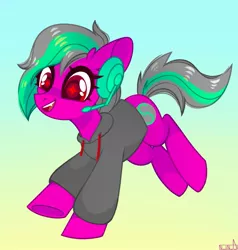 Size: 1725x1813 | Tagged: safe, artist:n in a, derpibooru import, oc, unofficial characters only, earth pony, pony, clothes, fangs, happy, headset, hoodie, image, jpeg, open mouth, smiling, solo
