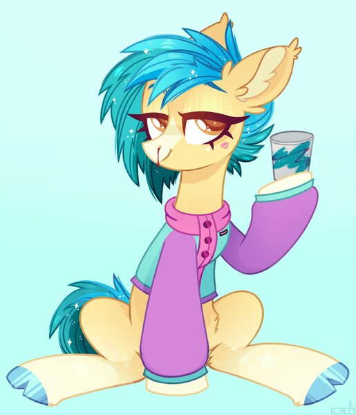 Size: 1932x2252 | Tagged: safe, artist:n in a, derpibooru import, earth pony, pony, blood, clothes, cloven hooves, cup, image, jacket, jpeg, lidded eyes, looking at you, nosebleed, smiling, solo, solo jazz, sparkles
