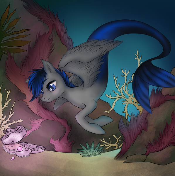 Size: 1740x1748 | Tagged: safe, artist:lifaxenon, derpibooru import, oc, unofficial characters only, hybrid, merpony, pegasus, pony, blue eyes, coral, fish tail, glow, image, ocean, oyster, pearl, png, seaponified, seaweed, solo, species swap, swimming, tail, underwater, water