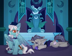 Size: 2048x1591 | Tagged: safe, artist:n in a, derpibooru import, oc, unofficial characters only, pegasus, unicorn, alternate timeline, armor, cap, choker, eyes closed, grin, guard, hat, image, jpeg, nightmare takeover timeline, smiling, spread wings, tail wrap, throne, throne room, wings