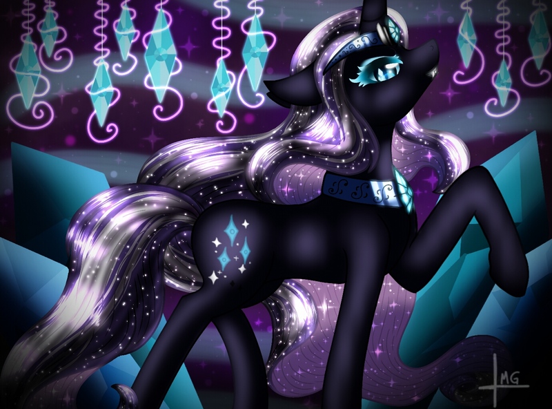 Size: 1380x1021 | Tagged: safe, artist:bluediamondoficial01, derpibooru import, nightmare rarity, pony, unicorn, blue eyes, crown, eyelashes, fangs, female, flowing mane, grin, image, jewelry, jpeg, looking at you, necklace, purple mane, regalia, signature, smiling, solo, sparkles, stars