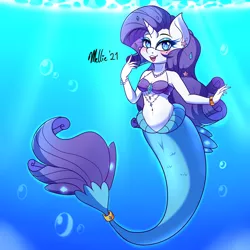 Size: 1450x1450 | Tagged: safe, artist:melliedraws, derpibooru import, rarity, anthro, mermaid, unicorn, belly button, blue mane, blushing, bra, bubble, clothes, female, fish tail, image, looking at you, mermaidized, ocean, open mouth, png, seashell bra, solo, species swap, sunlight, tail, underwater, underwear, water