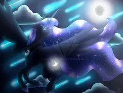 Size: 1804x1371 | Tagged: safe, artist:bluediamondoficial01, derpibooru import, princess luna, alicorn, pony, blue mane, crown, ethereal mane, female, flowing mane, flying, glow, hoof shoes, horn, image, jewelry, jpeg, moon, moonlight, regalia, solo, spread wings, starry mane, stars, watermark, wings