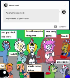 Size: 1106x1229 | Tagged: safe, artist:ask-luciavampire, derpibooru import, oc, earth pony, pegasus, pony, unicorn, vampire, ask, ask-ponys-gamer-club, clothes, cosplay, costume, image, mario, png, tumblr