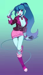 Size: 1558x2703 | Tagged: suggestive, artist:ikirunosindo, derpibooru import, sonata dusk, equestria girls, rainbow rocks, adorasexy, bracelet, breasts, busty sonata dusk, cleavage, clothes, cute, female, gem, gradient background, high res, image, jpeg, microphone, miniskirt, sexy, siren gem, skirt, solo, solo female, spiked wristband, wristband