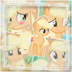 Size: 2560x2560 | Tagged: safe, derpibooru import, edit, edited screencap, editor:wittleponiez, screencap, applejack, earth pony, pony, aesthetics, applejack's hat, blushing, collage, cowboy hat, cute, food, happy, hat, image, instagram, jpeg, orange, photoshop, smiling, sparkles